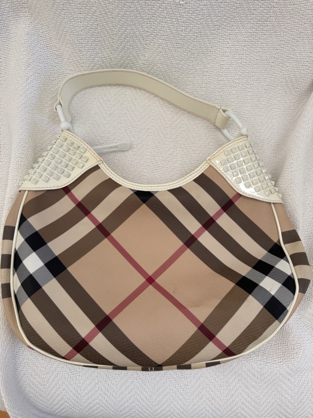 Burberry Beige Plaid Crescent Shoulder Bag with Cream Trim